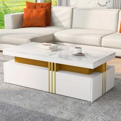 Modern Rectangular Coffee Table, High-gloss Tabletop with 2 Wooden Drawers, Marble Top, for Living Room, 100*50*40cm