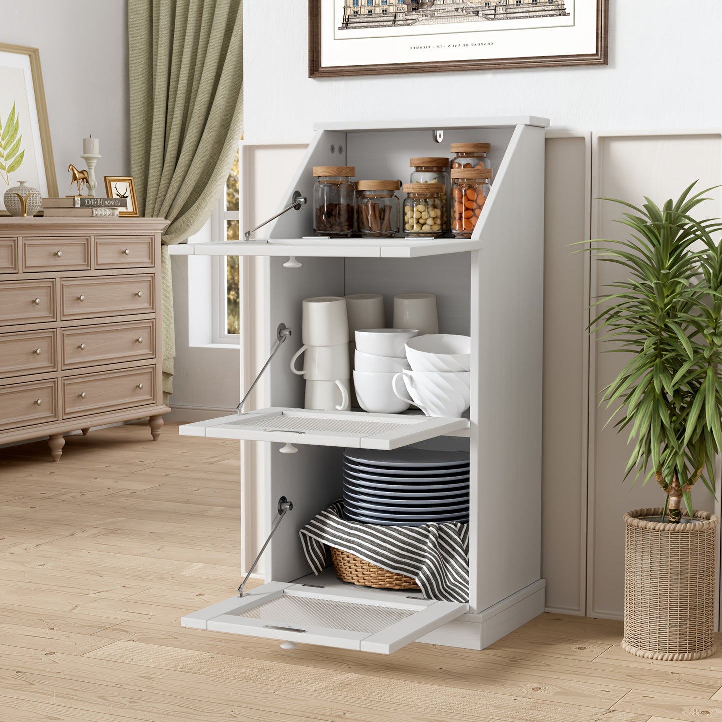 Houten Kast – Opbergkast – Dressoir – Bergkast – Keukenkast – Met Metalen Gaasdeuren – Maximaal 50 kg Draagvermogen – 3 Laags Wit Floor-Standing Meubel