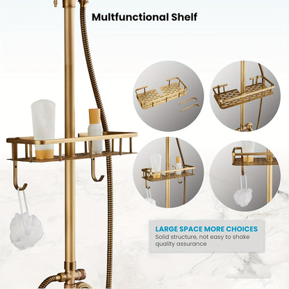 Douchekraan – Doucheset – Douchemengkraan – Thermostaatkraan – Handdouche – 20 cm Regendouchekop – Antiek Messing – Met Plank