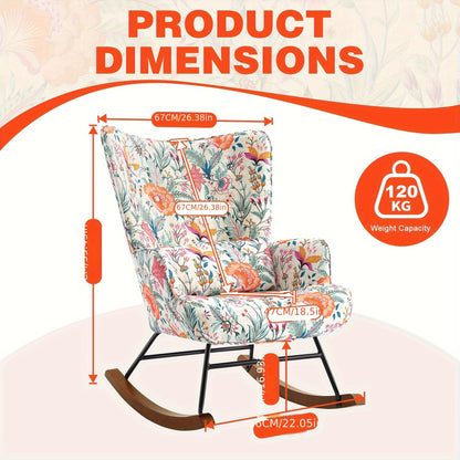 Bohemien Bloemen Schommelstoel – Hoge Rugleuning met Lendensteun, Ergonomisch Ontwerp op Soepele Schommelbasis – Stevig Staal- & Houtframe, Eenvoudige Montage – Lounge-stoelen voor Woonkamer of Slaapkamer