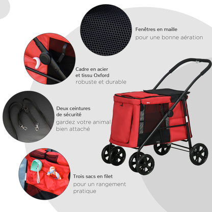 Huisdierwagen – Dierenbuggy – Hondenwagen – Kattenwagen – Wandelwagen – Opvouwbaar – 600D Oxford Stof – Stalen Frame – Kussen Inclusief – Rem Op Wielen – Rood