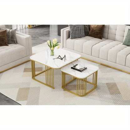 Salontafel Set – Bijzettafel – Tafeltje – Woonkamertafel – Tafel Vierkant – Hoogglans Marmerlook – Gouden Poten – Verstelbare Voetjes – MDF – 70x70x45 & 50x50x36,5 cm