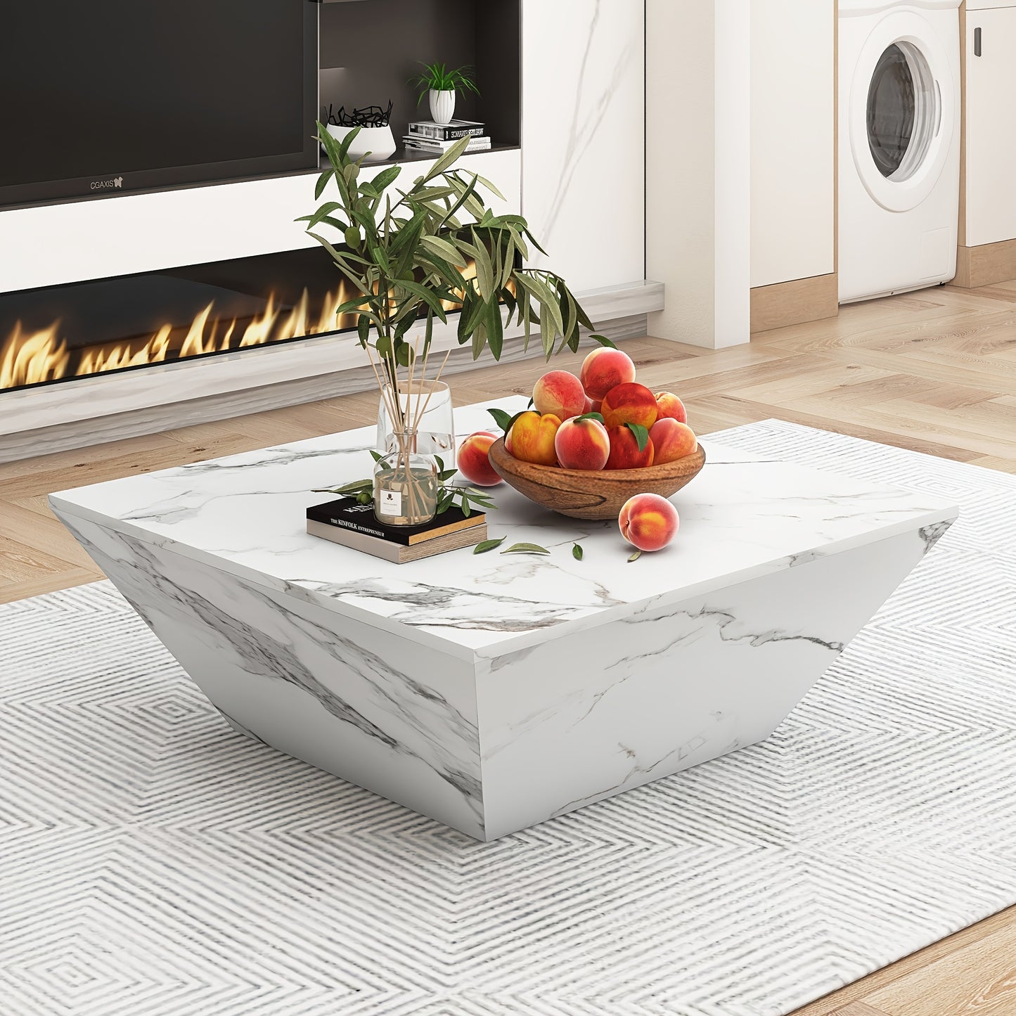 Salontafel – Koffietafel – Bijzettafel – Woonkamertafel – Tafel – Drumvorm – Witte Marmerfineer – 70x70x37 cm