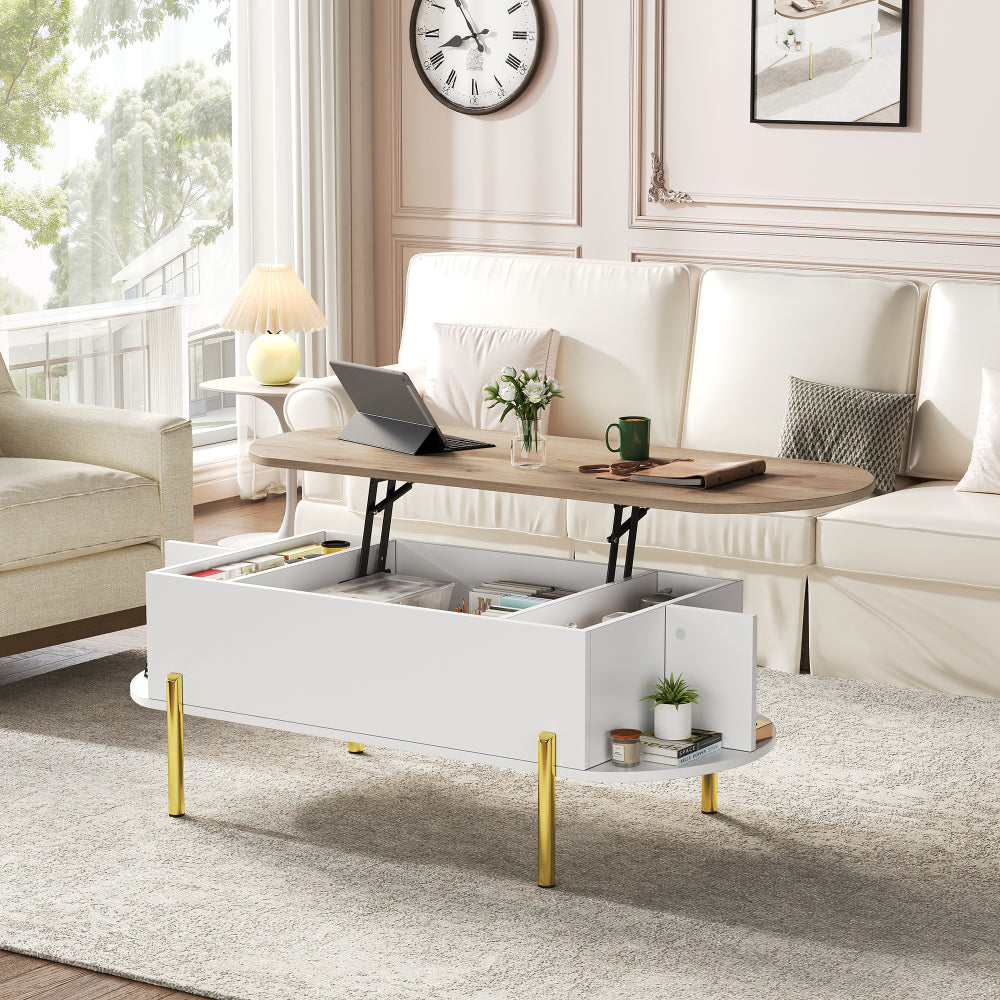 Salontafel – Koffietafel – Bijzettafel – Woonkamertafel – Verstelbare Tafel – Verstelbaar Hoogte – Uitbreidbaar Tafelblad – 7 Opbergrekken – Wit/Geel Metalen Frame