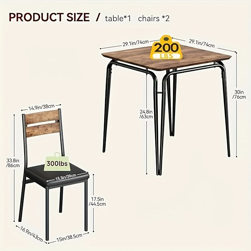 3pcs Modern Farmhouse Dining Table Set with Black Wood & Metal Construction - Sturdy Square Table and 2 Chairs, Space-Saving Compact Design for  Spaces, Easy Assembly, Matte Black Finish for Home or Commercial Use - Ideal for