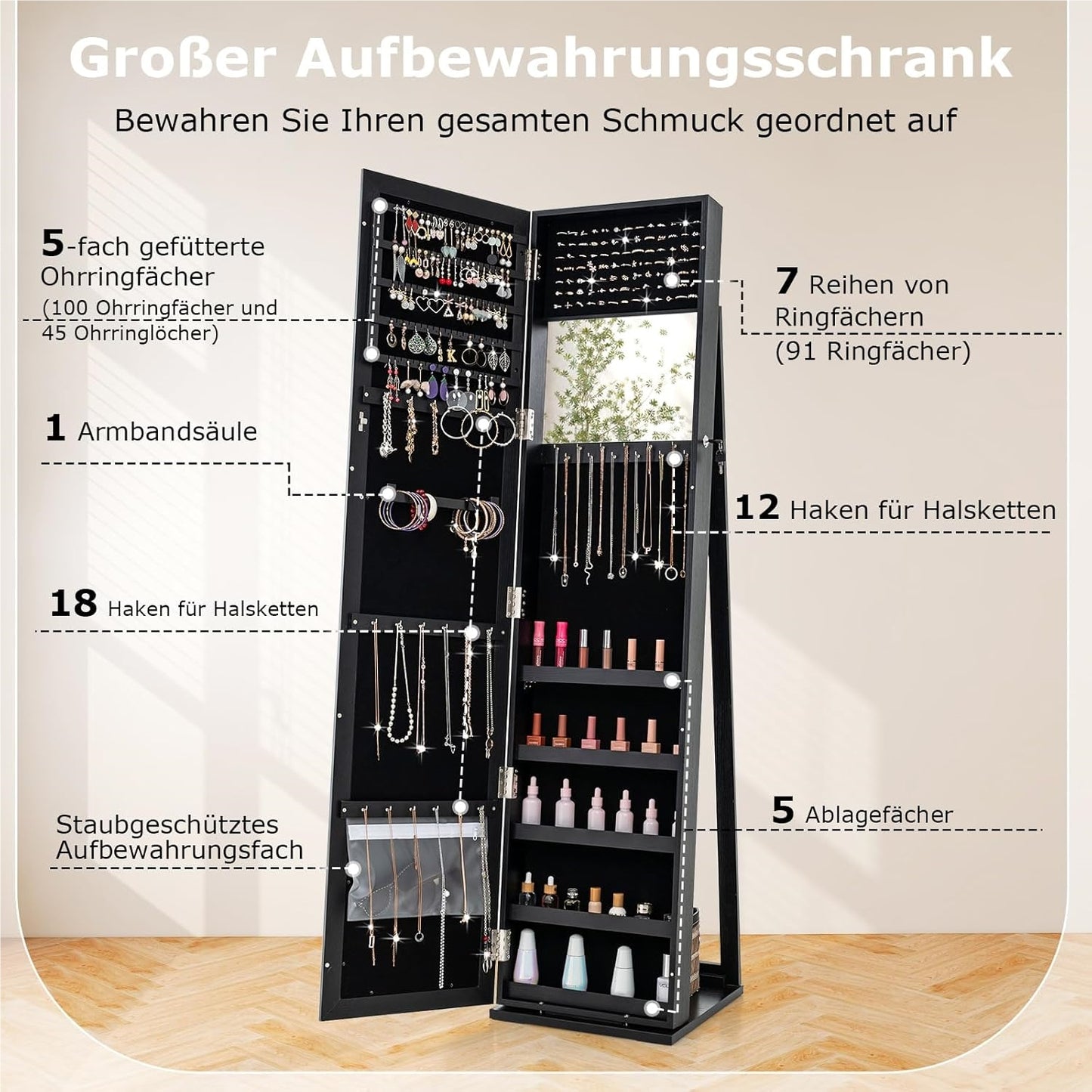 Sieradendoos – Juwelendoos – Sieradenkast – Sieraden Opberger – Sieradendoosje – Met Slot – Vrijstaand – Met Volledige Spiegel – MDF – Zwart – Luxe Opbergmeubel – Fluwelen Voering