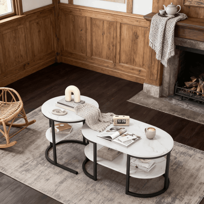 Ronde Salontafels – Bijzettafels – Snacktafels – Nesting Tafels – Zwart – Marmerlook – Compact Design – Stevig MDF Metalen Frame