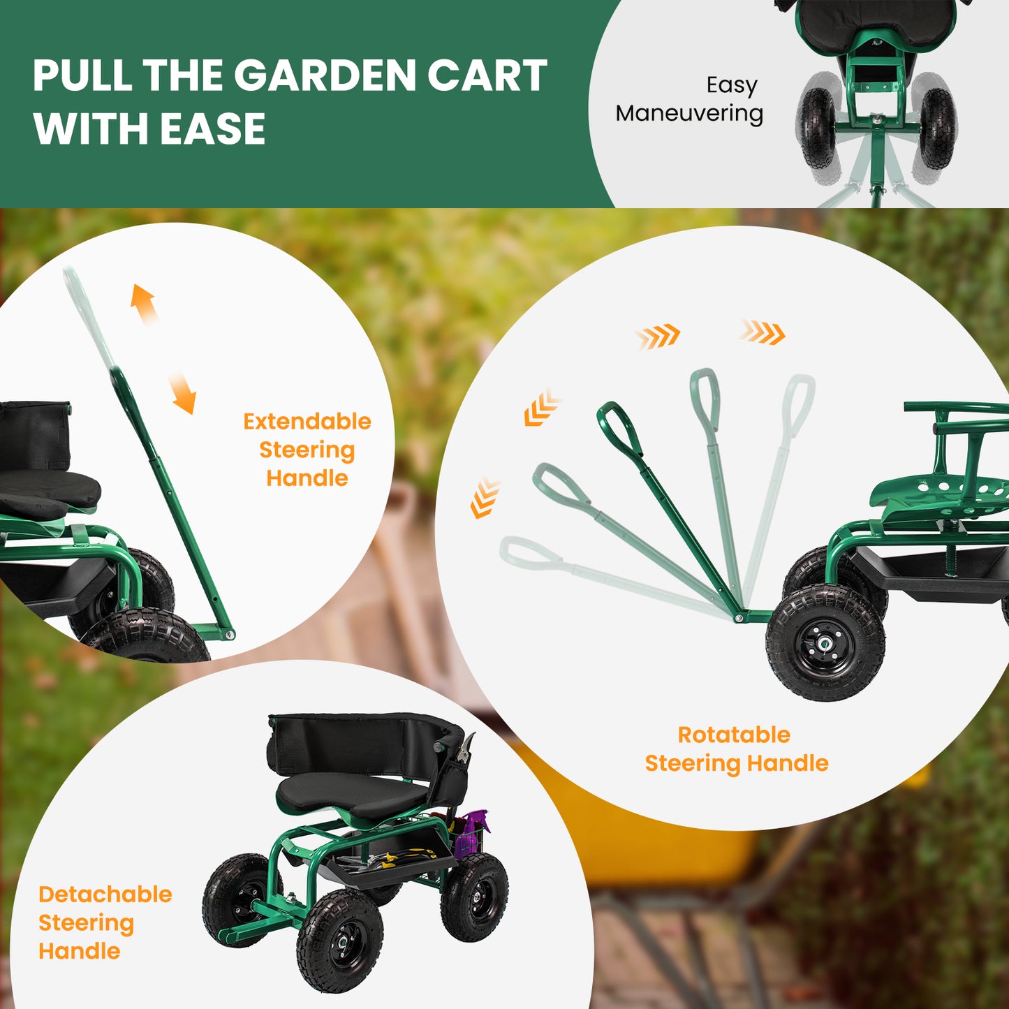 Tuinwagen – Tuinkar – Tuintrolley – Tuinwagen Met Zit – Tuinkar Met Opbergruimte – Verstelbaar 360° Draaibaar Zitje – 26 cm Antislipwielen