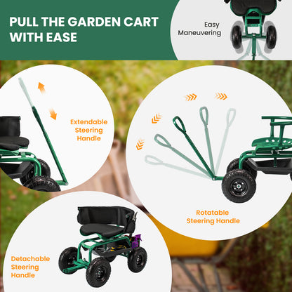 Tuinwagen – Tuinkar – Tuintrolley – Tuinwagen Met Zit – Tuinkar Met Opbergruimte – Verstelbaar 360° Draaibaar Zitje – 26 cm Antislipwielen