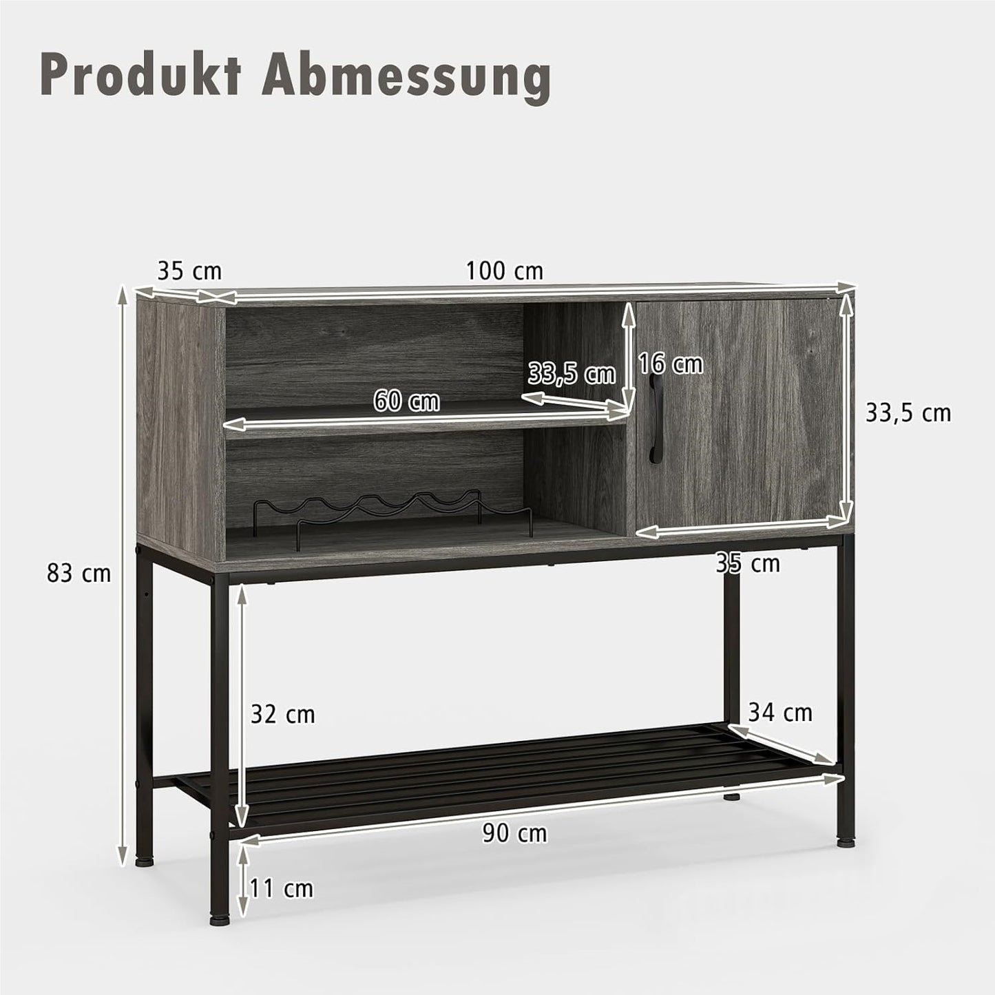 Dressoir – Opbergkast – Ladekast – Buffetkast – Wandkast – Met Wijnrek – Industrieel MDF & Metaal – 100x35x83 cm