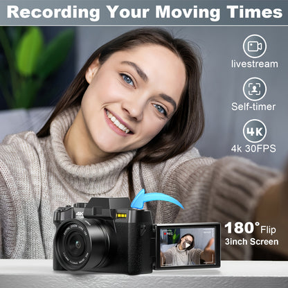 Digitale Camera – Fotocamera – Vlogcamera – Compact Camera – Reiscamera – 48 Megapixel Sensor – 180° Kantelbaar OLED-scherm – Zwart