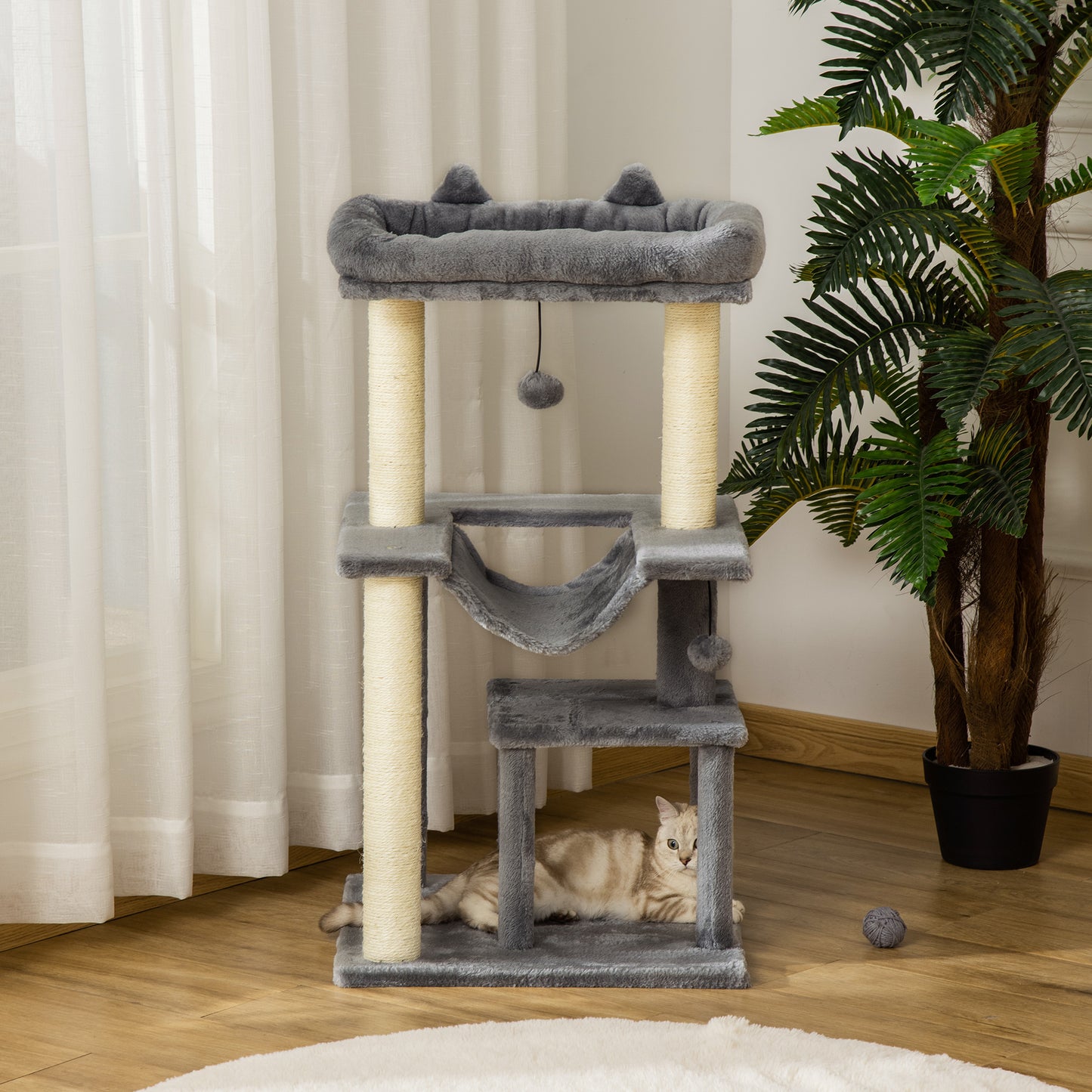 Krabpaal – Kattenboom – Kattenkrabpaal – Kattenklimpaal – Kruiphol – Multifunctionele Kattenboom Grijs – 90 cm Hoog – Sisal Krabpaal Met Hangmat En Platformen