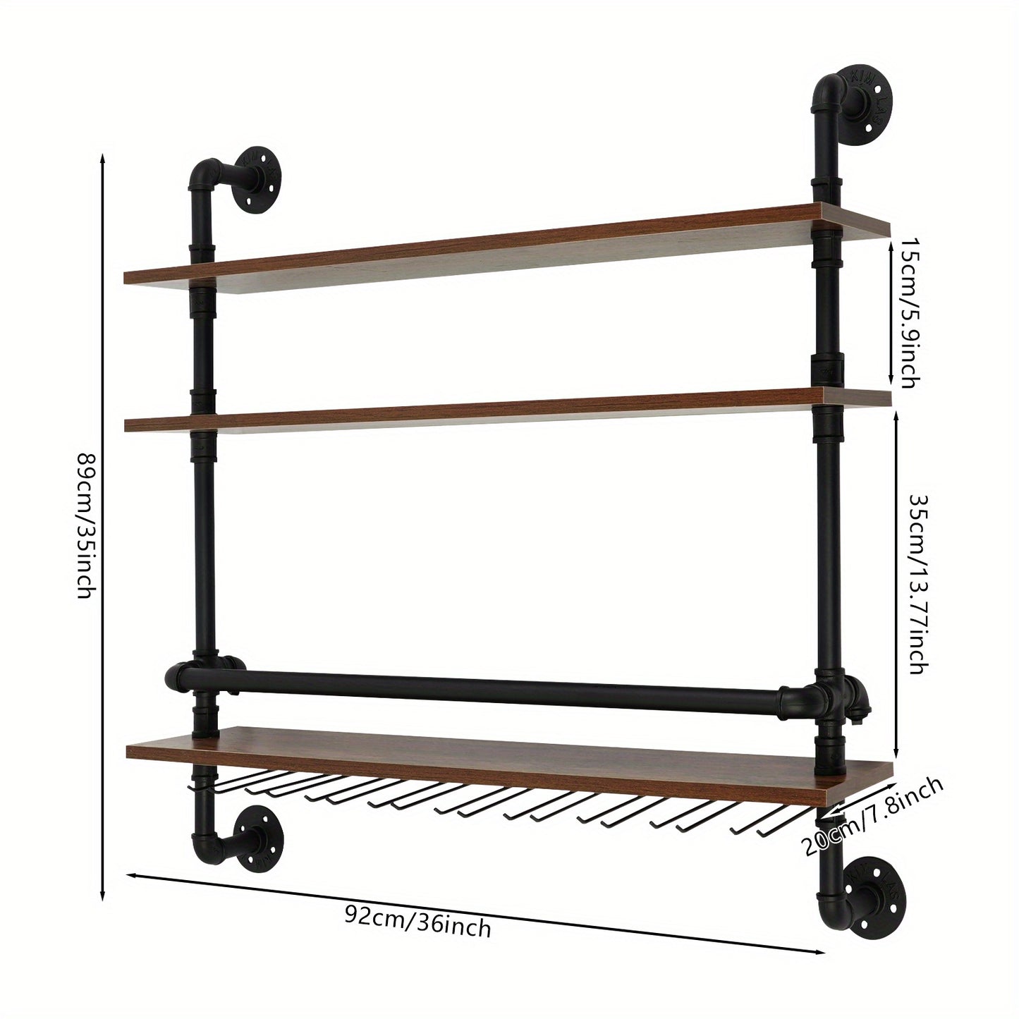 Wijnrek – Flessenrek – Wijnhouder – Wandrek – Wijnopslag – Industrieel Design – Metaal & Hout – Wandmontage – 3 Niveaus – Veiligheidsrand