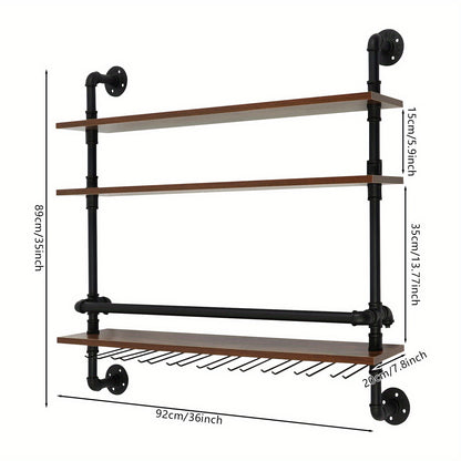Wijnrek – Flessenrek – Wijnhouder – Wandrek – Wijnopslag – Industrieel Design – Metaal & Hout – Wandmontage – 3 Niveaus – Veiligheidsrand