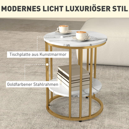 Bijzettafel – Bijzettafels – Salontafel – Nachtkastje – Side Table – Set Van 2 Ronde Tafels – Marmer-Look Tafelblad – Open Opbergruimte Met Metaal Frame