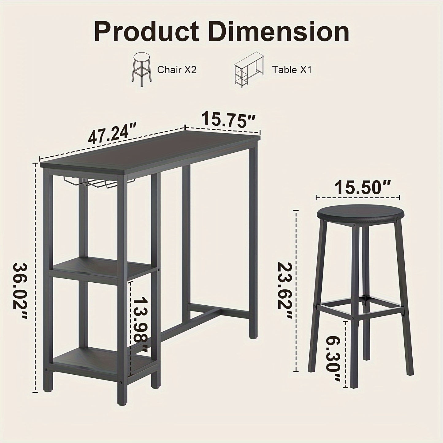 Barset – Bartafelset – Barkrukken – Bartafel – Barmeubel – Zwart & Rustiek Bruin – Compact Ontwerp – Inclusief Wijnrek & Opbergruimte