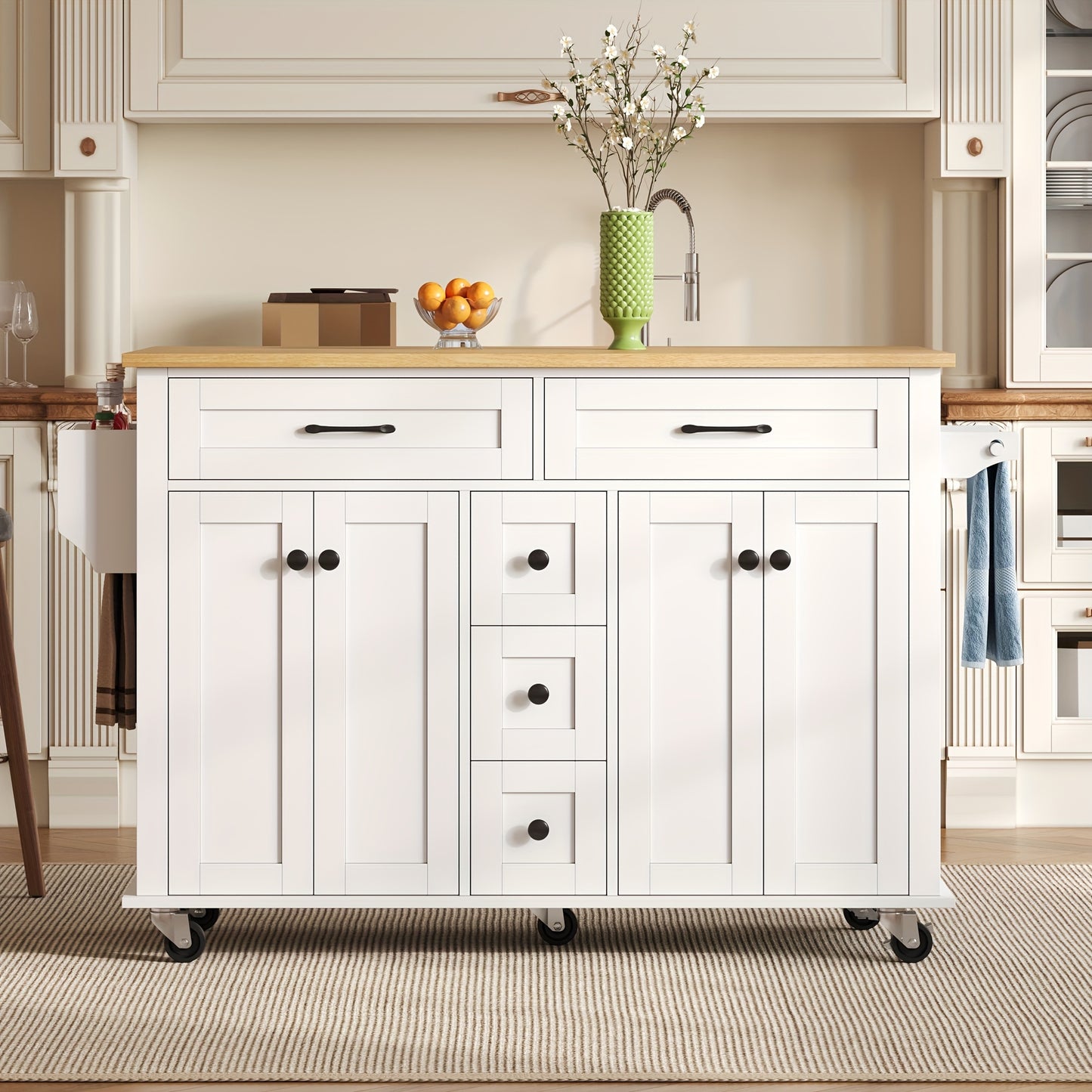 Multifunctional Kitchen Trolley with Folding Worktop, 120 X 65cm, Extendable, with 5 Drawers, Cupboards, Spice And Towel Racks, On Castors - Kitchen Island for Kitchen, Dining Room And Living Room, Storage Drawer Units