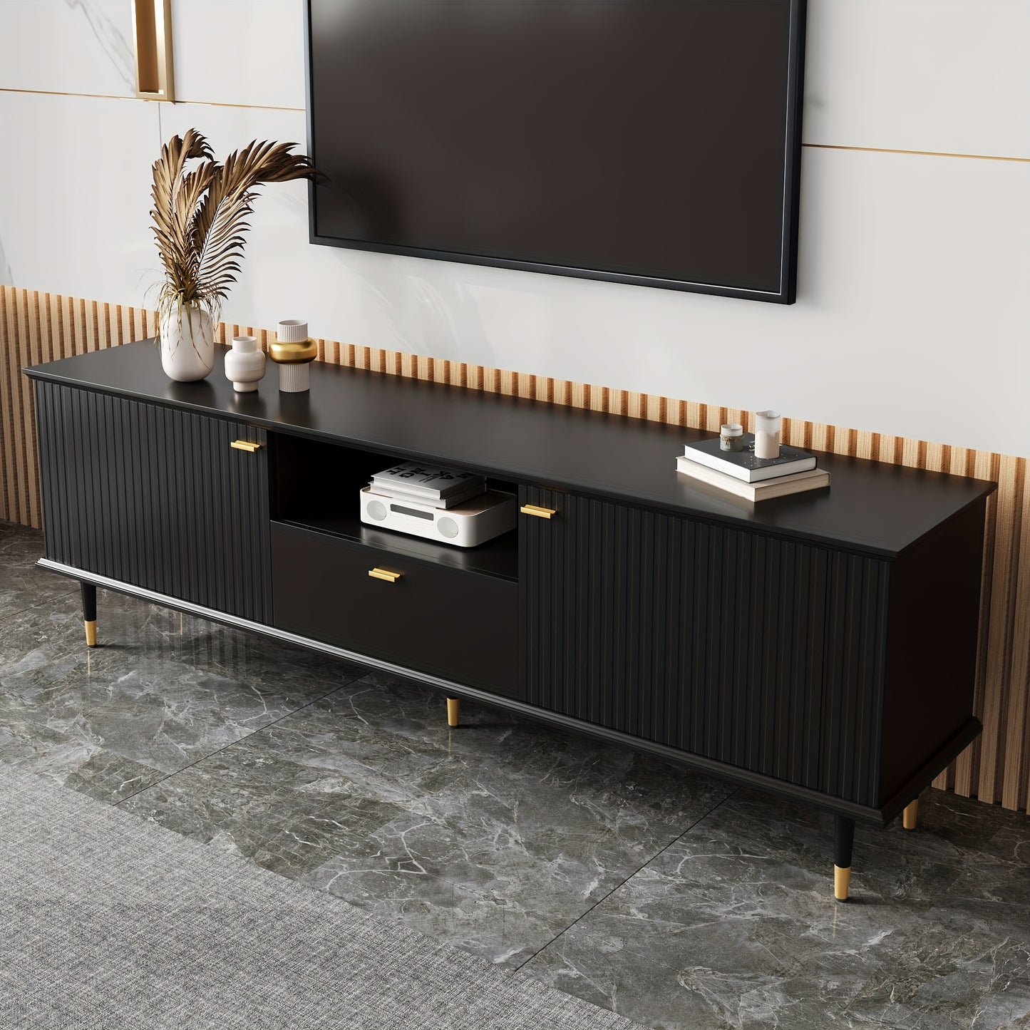 tv-meubel – tv-standaard – tv-kast – entertainmentmeubel – dressoir – Zwarte Uitvoering – Soft-Close Deuren – Gouden Accent Poten