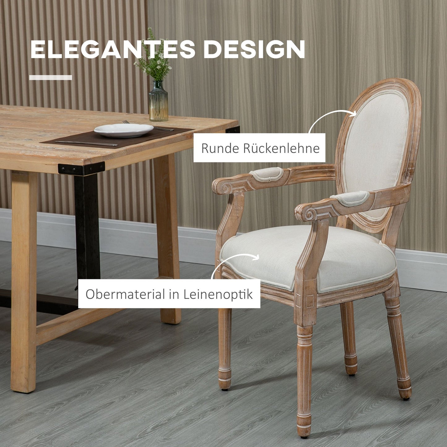 Eetkamerstoel – Keukenstoel – Stoel – Fauteuil – Zithoekstoel – Massief Hout – Linnenlook Bekleding – Antiek Design – Ademend – 56x54x96 cm – Crème Wit