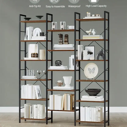 Boekenrek – Boekenkast – Wandrek – Vakkenkast – Opbergrek – Verstelbare Planken – 17 Planken op 6 Niveaus – 24 x 152 x 186 cm – Max. Draagkracht 340 kg – Retro Bruin/Zwart