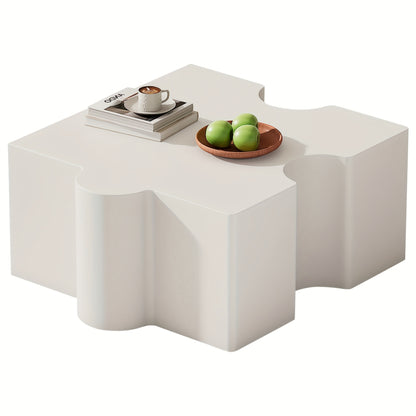 Salontafel – Koffietafel – Bijzettafel – Woonkamertafel – Tafeltje – Modern Wit Puzzelpatroon – Bamboe Tafelblad – Compact 65x65x32 cm