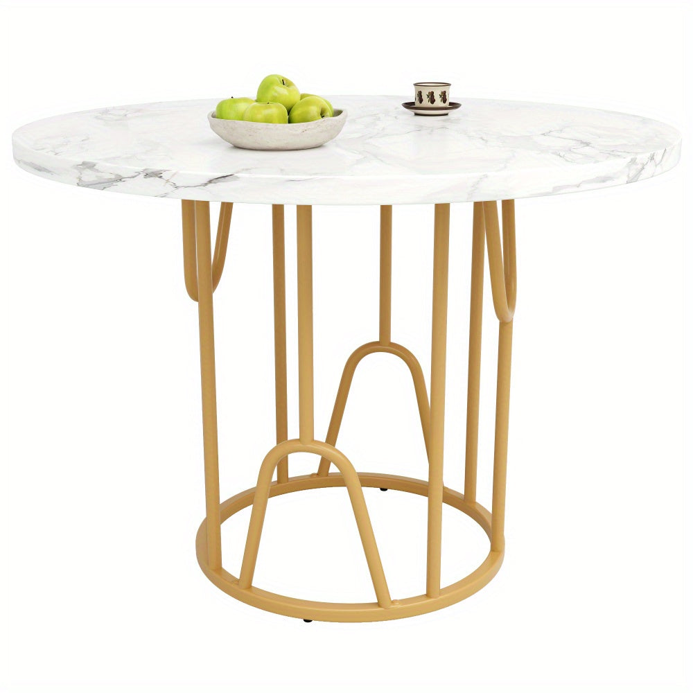 Ronde Eettafel – Ronde Tafel – Eetkamertafel – Keukentafel – Tafel – MDF Marmeren Blad – Gouden Metalen Poot – 80x80x76 cm – Voor 4-6 Personen