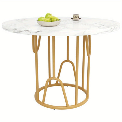 Ronde Eettafel – Ronde Tafel – Eetkamertafel – Keukentafel – Tafel – MDF Marmeren Blad – Gouden Metalen Poot – 80x80x76 cm – Voor 4-6 Personen