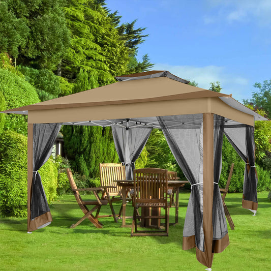 Pop-up Partytent – Paviljoen – Tuinkopje – Zonnescherm – Outdoor Tent – Automatisch Opvouwbaar – Geïntegreerd Muskietennet – Donkerbruin – 3,6x3,6 Meter – Waterafstotend Oxford Doek