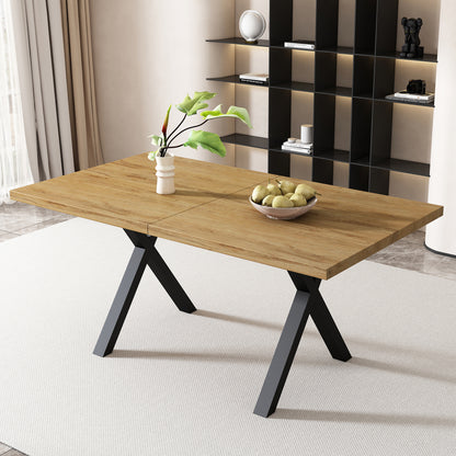 Durable and sturdy dining table with cross-leg design, rectangular shape, modern minimalist wrought iron dining table, 140*80*76cm, suitable for dining room, living room, hallway, color is natural wood.
