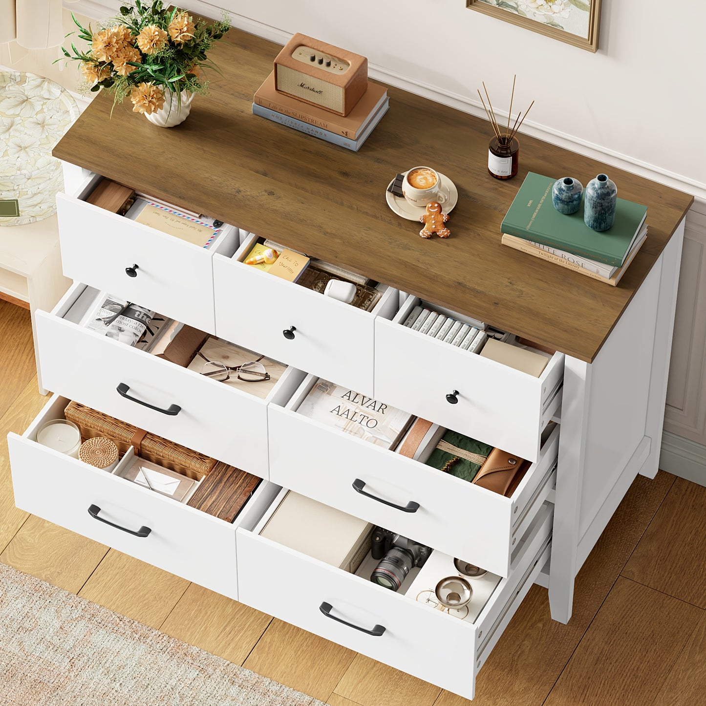 Ladekast – Ladekastje – Ladenkast – Commode – Dressoir – 7 Lades – Wit Met Houtlook – Compact 40x106x81 cm