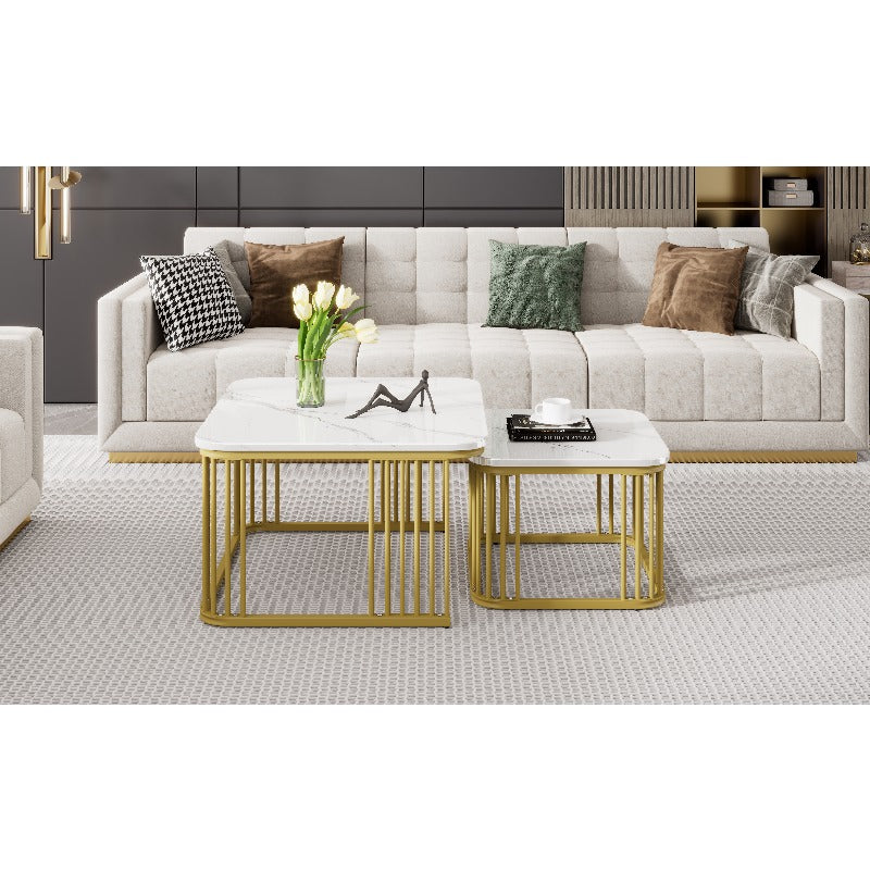 Nesting Salontafel Set – Bijzettafel – Tafelset – Woonkamertafel – Retro Tafels – Marmeren Blad – Goud Metalen Frame – Ruimtebesparend – Geen Montage