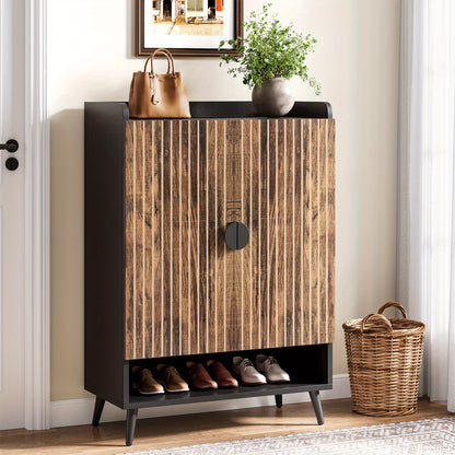 Schoenenkast – Schoenopberger – Schoenenrek – Schoenenschuifkast – Schoenmeubel – Rustic Brown Zwarte Afwerking – 6 Laags Met 3 Lades En 2 Deuren – Massief Hout En Kunststof Board – Compact 68,5 cm Hoogte