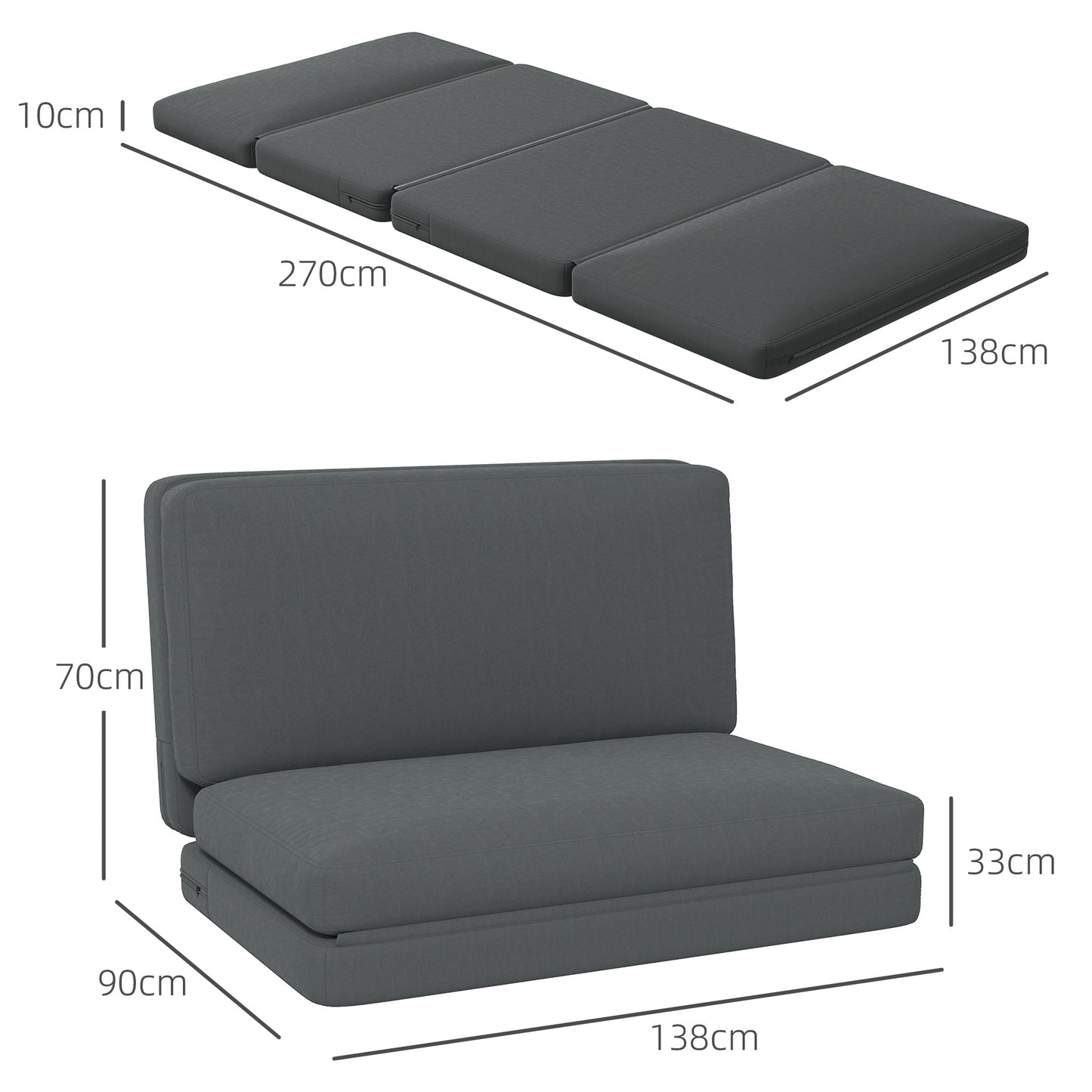 3-in-1 Relaxstoel – Opvouwbare Slaapstoel – Gastenbed – Zitzak – Ligstoel – Donkergrijs – 138 cm Breed – Multifunctioneel & Draagbaar