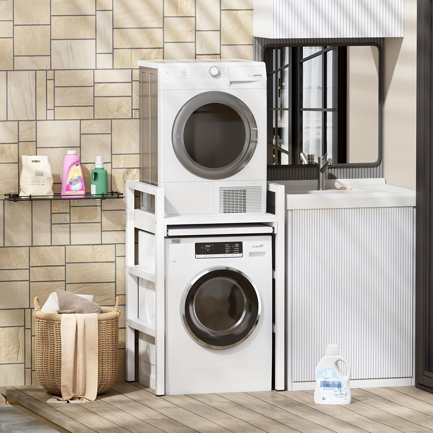 Wasmachine Rek – Drogerrek – Wasruimte Organizer – Wasmachine Plank – Wasmachine Kast – Verstelbaar In Hoogte – Versterkt Koolstofstaal 350kg Draagvermogen – Wit Zwart