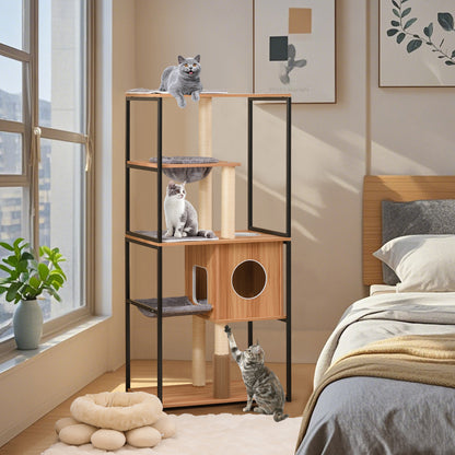 Krabpaal – Kattenpaal – Kattenmeubel – Kattenboom – Klimeiland – 160 cm Hoog – Met Metalen Frame & Ingebouwde Kattenborstel – Natuurlijk Grijs Zwart
