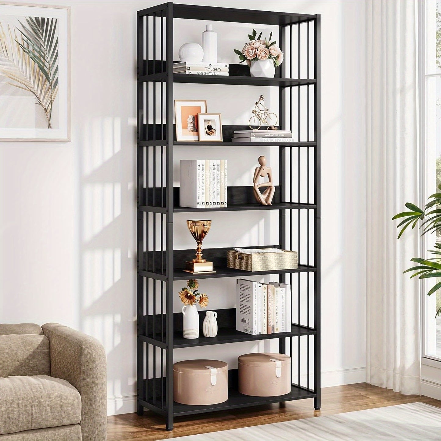 6-Lagens Boekenkast – Open Boekrek – Boekenplank – Opbergkast – Hoekboekenkast – Stijlvol Zwart Metaal & Hout – Draagkracht 136 kg – Ruimtebesparend Modern Design