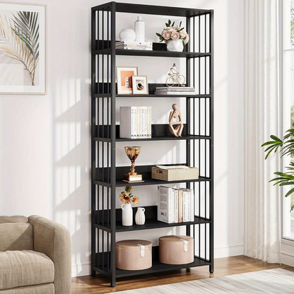 6-Lagens Boekenkast – Open Boekrek – Boekenplank – Opbergkast – Hoekboekenkast – Stijlvol Zwart Metaal & Hout – Draagkracht 136 kg – Ruimtebesparend Modern Design