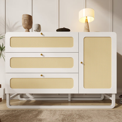 Dressoir – Sideboard – Opbergkast – Ladekast – Buffetkast – Modern Design – Vlechtwerk Met Gouden Accenten – 3 Lades & Deur – Verstelbare Planken – Anti-Kantelbeveiliging – Ruimtebesparend 120x85x40 cm