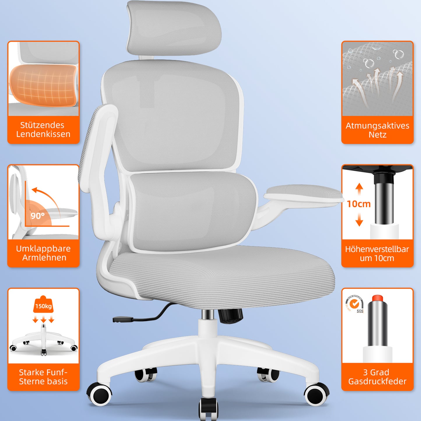 Office Chair with Adjustable Headrest, Armrests, and Lumbar Support, Load Capacity up to 150 kg