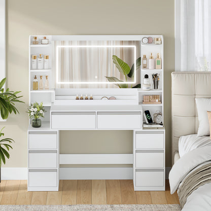 Kaptafel – Make-uptafel – Opmaaktafel – Schminktafel – Met Spiegel en Föhnhouder – 8 Lades & Open Vakken – 135x40x145 cm – Wit-Zilveren MDF