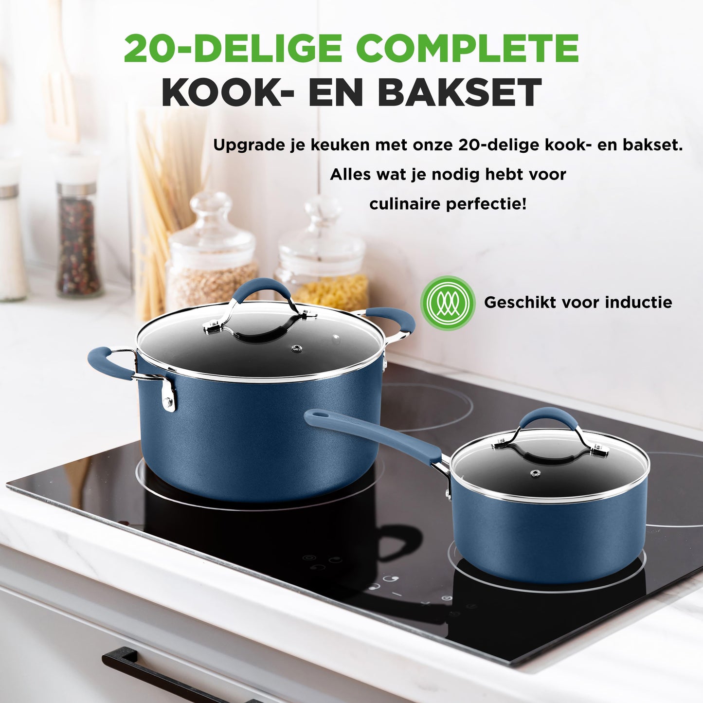 Pannenset – Kookset – Keukenset – Kookpannen – Bakvormen – 20-delig – Inductiegeschikt – Duurzame Antiaanbaklaag – Koel Blijvende Handgrepen – Navy