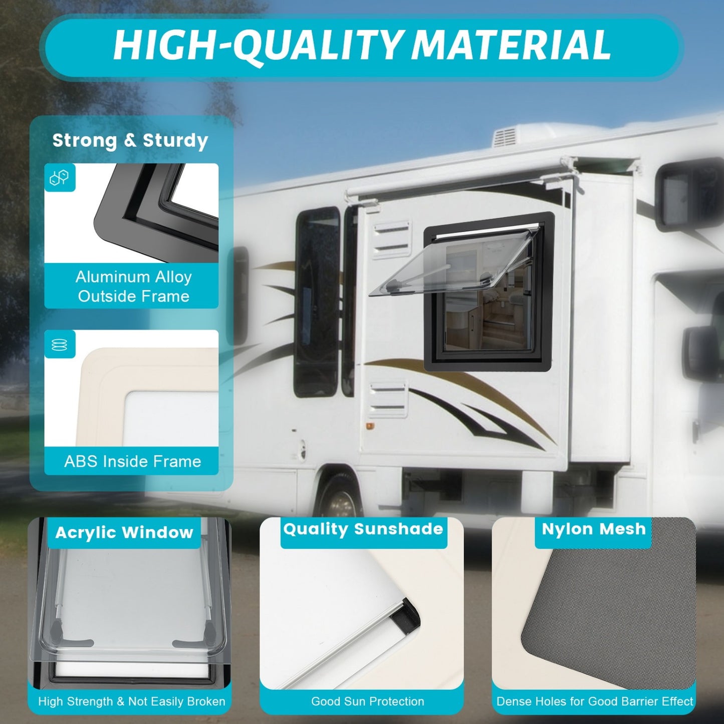 Camperraam – Camper Uitzetraam – Caravan Raam – Motorhome Raam – Schuifraam – 45x50 cm – Aluminium Frame – Geïntegreerd Verduisteringsgordijn & Vliegenscherm
