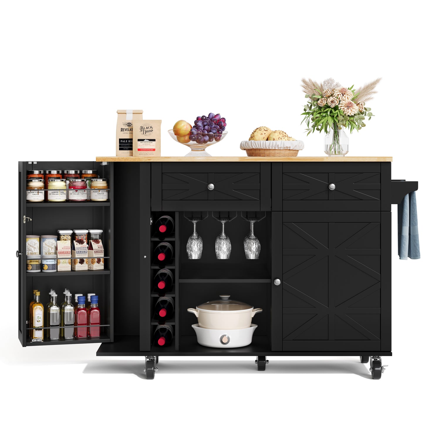 Keukentrolley – Keukenwagen – Serveerwagen – Keukenrek – Keukenkast – Uitklapbaar Werkblad – MDF Houtlook – Verrijdbaar met Vergrendelbare Wielen – 120x45(70)x89 cm – Zwart
