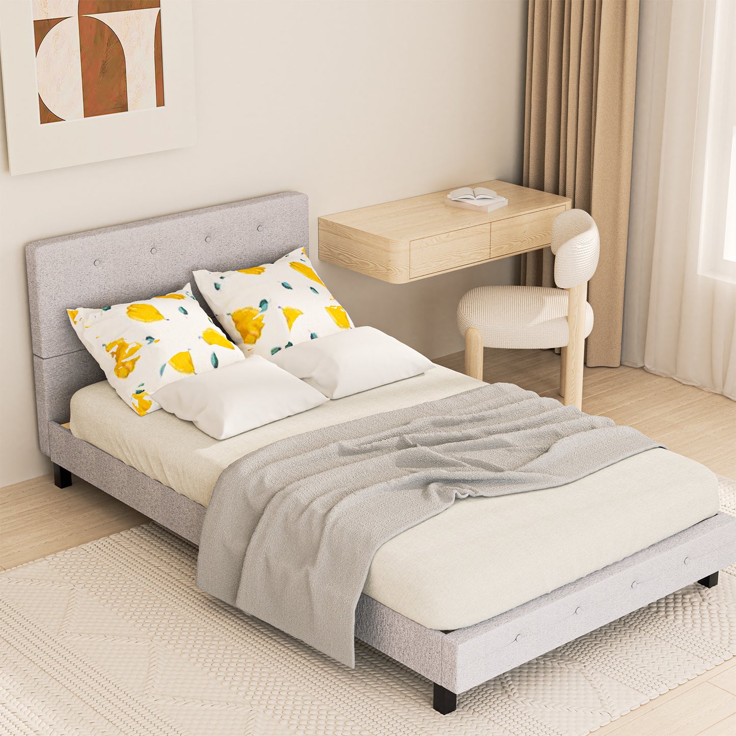 Bedframe – Bedombouw – Boxspring – Ledikant – Slaapbank – 140 x 200 cm – Stoffen Hoofdbord – Stevige Houten Lattenbodem – Lichtgrijs