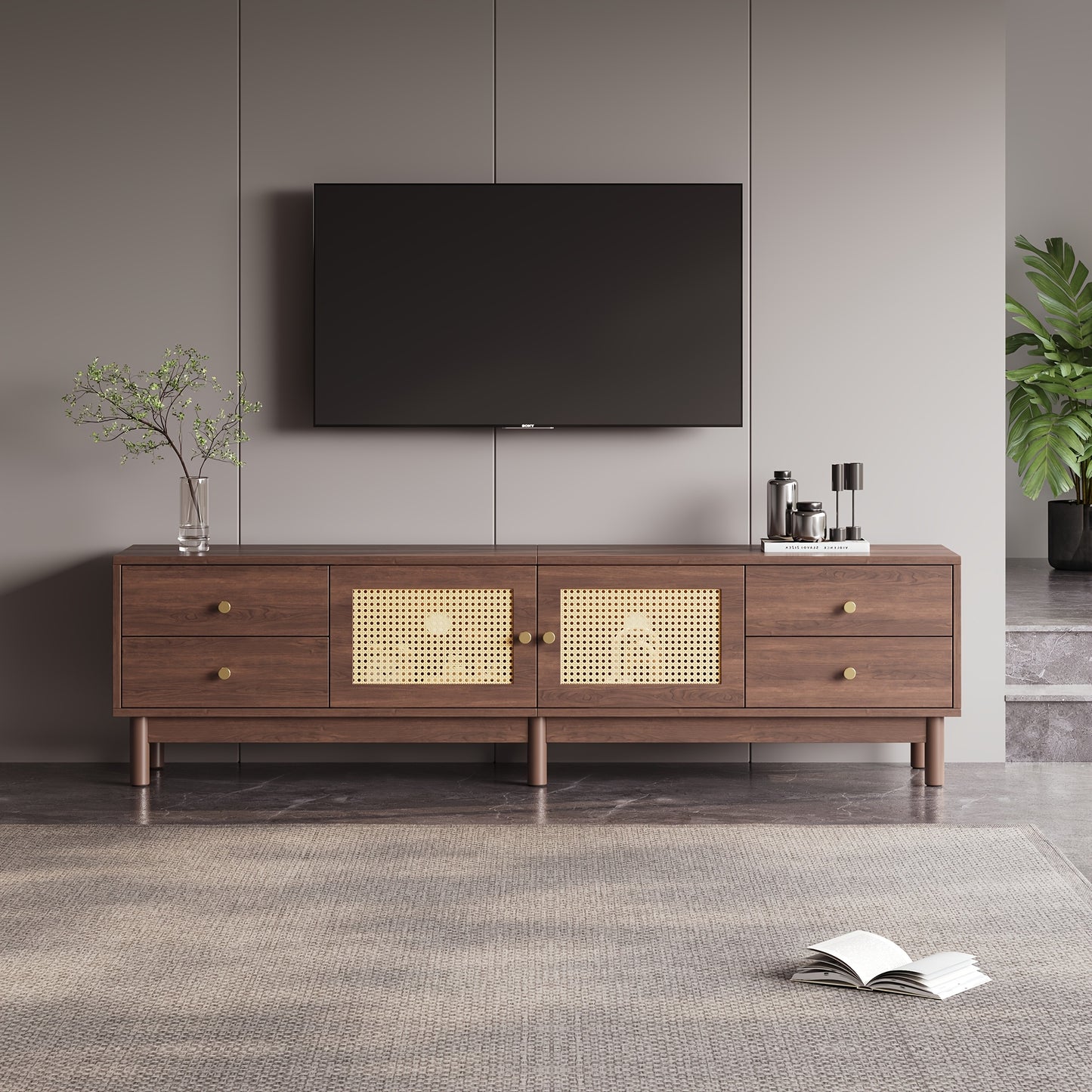 Modern TV Stand Compatible for 80-Inch TVs, Metal Frame with Dark Wood Grain, 2 Rattan Doors & 4 Drawers, Cable Management System & Hydraulic Hinge Doors - Media Console