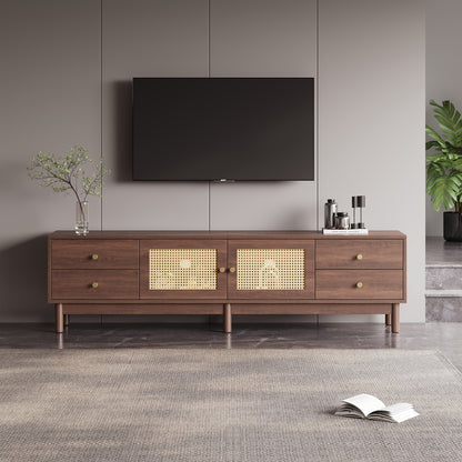Modern TV Stand Compatible for 80-Inch TVs, Metal Frame with Dark Wood Grain, 2 Rattan Doors & 4 Drawers, Cable Management System & Hydraulic Hinge Doors - Media Console