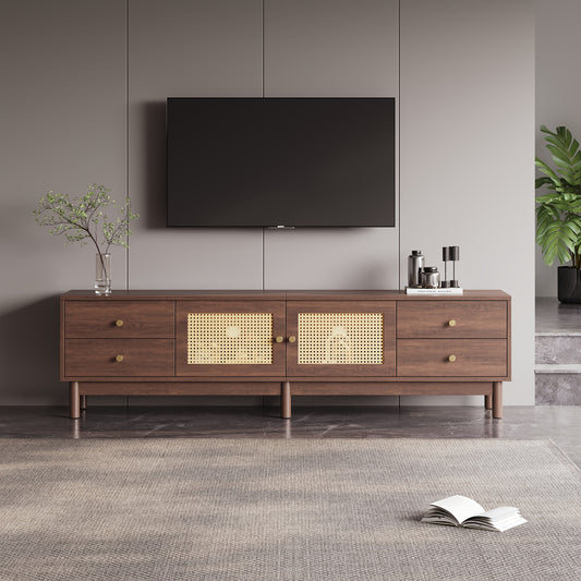 Modern TV Stand Compatible for 80-Inch TVs, Metal Frame with Dark Wood Grain, 2 Rattan Doors & 4 Drawers, Cable Management System & Hydraulic Hinge Doors - Media Console