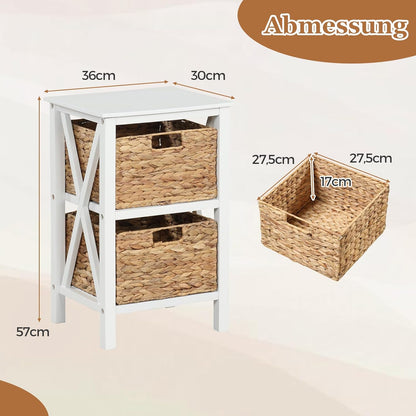 Nachtkastje – Bijzettafel – Opbergkastje – Slaapkamerkastje – Mandenkastje – Set van 2 – Smal X-Design – MDF Met Rotan Manden – 3 Niveaus – Wit
