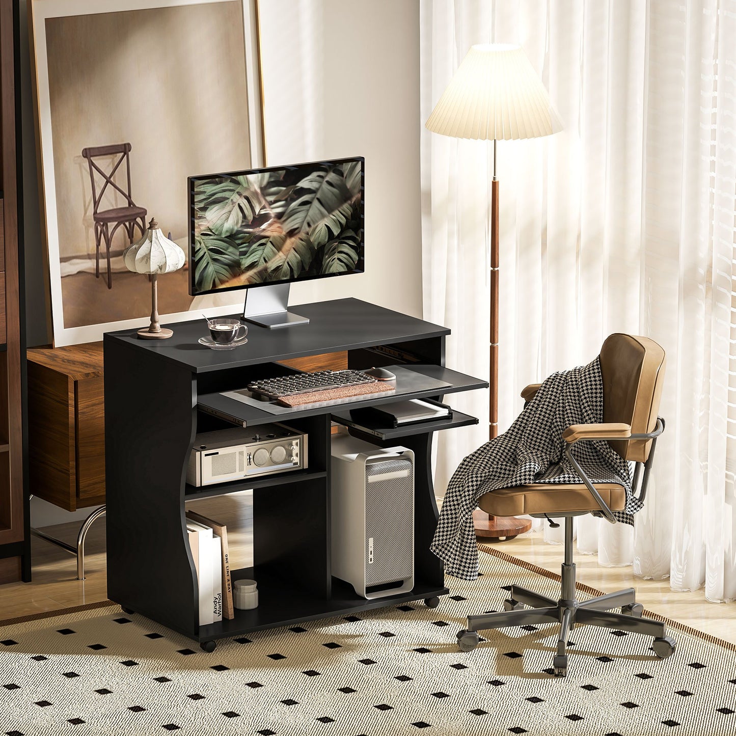 Computerbureau – Bureau Met Wieltjes – Mobiel Bureau – Werktafel – Laptoptafel – Zwart – Compact Formaat 80x48x75 cm – Ingebouwde Opbergruimte