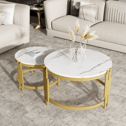 Modulaire Salontafel Set – Koffietafel – Bijzettafel – Ronde Tafels – Marmerlook Tafel – Gouden Metalen Frame – Twee Maten – Licht & Stevig Design
